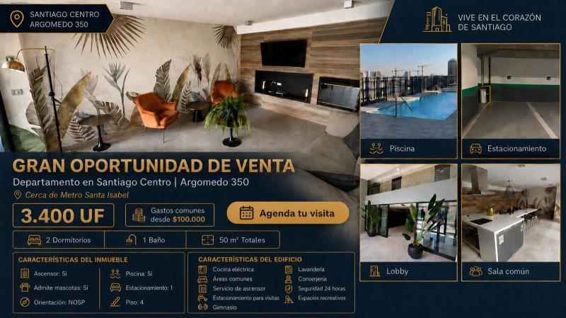 Imagen de Venta Departamento en Santiago - METRO MAS CERCANO SANTA ISABEL - 49 m² - 2D - 1B (Cod. 39096)